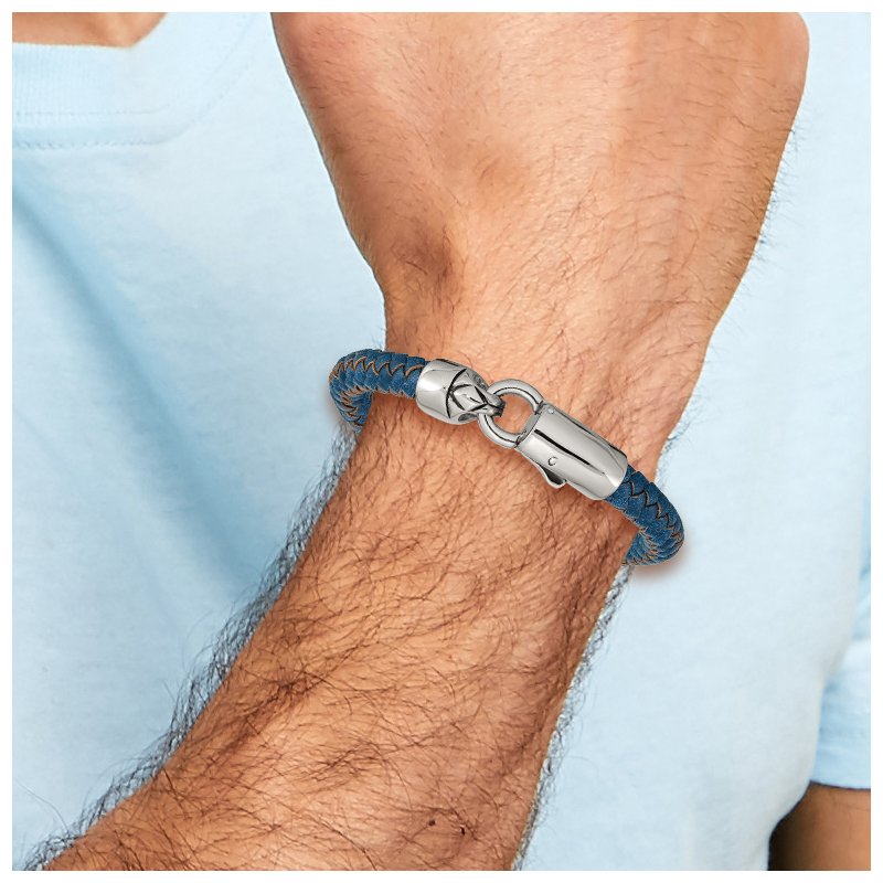 Stainless Steel Antiqued and Polished Blue Braided Leather 8.25 inch Bracelet