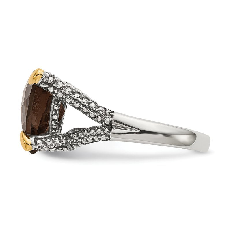 Sterling Silver with 14K Accent Antiqued Trillion Checkerboard Smoky Quartz Ring