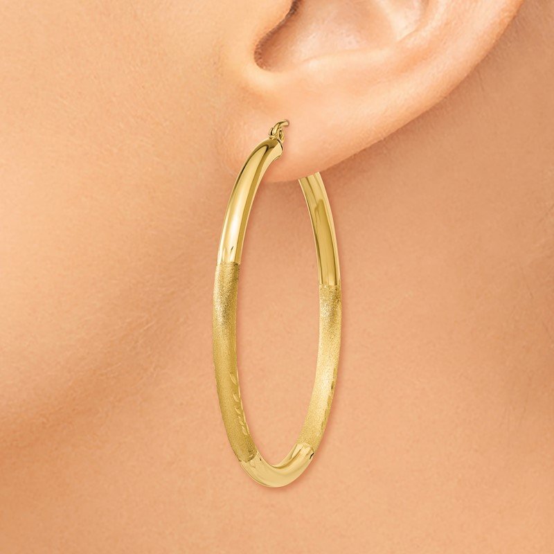 14k Satin and Diamond-cut 3mm Round Hoop Earrings