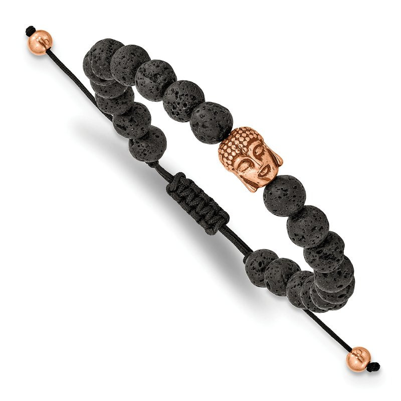 Stainless Steel Antiqued and Polished Rose IP-plated Buddha Lava Stone Black Macrame Adjustable Bracelet
