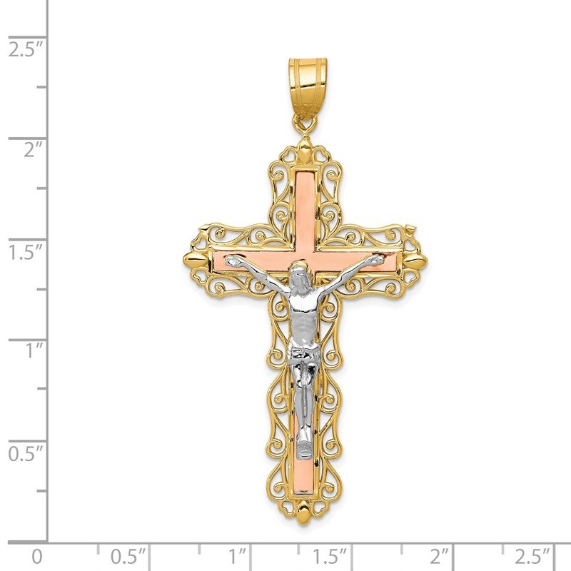 14K Tri-color Diamond-cut Filigree Crucifix Pendant