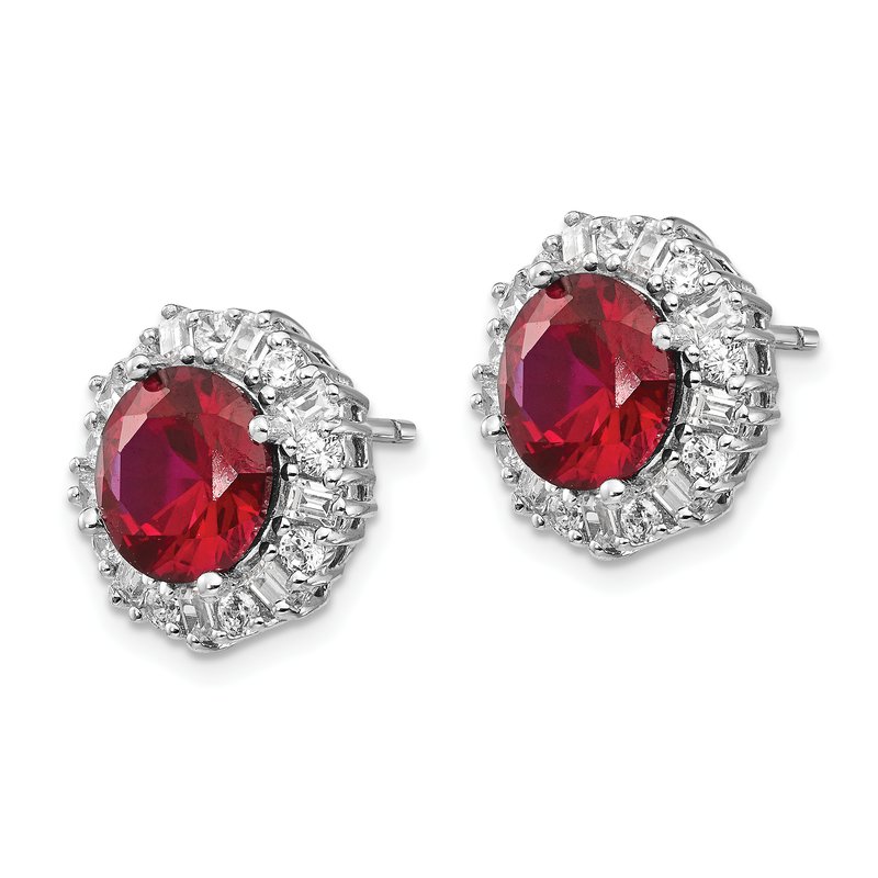 Sterling Silver Rhodium-plated Brilliant-cut Lab Created Ruby and Brilliant-cut/Baguette-cut White CZ Post Earrings