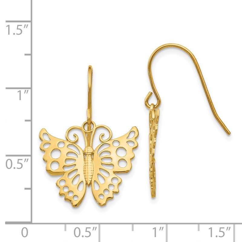 14k Dangle Butterfly Shepherd Hook Earrings