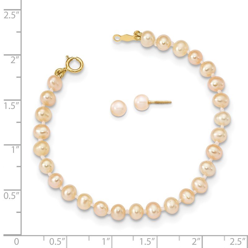 14k Madi K 4-5mm Pink Freshwater Cultured Pearl 5.5 inch Bracelet and Post Earrings Set