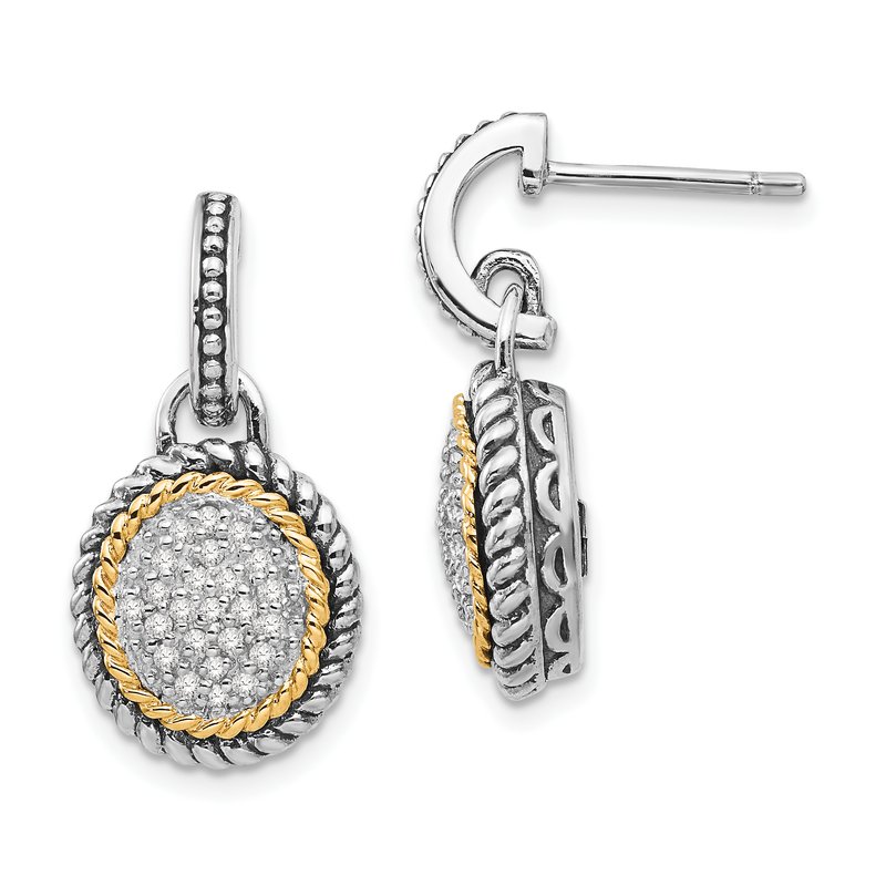 Sterling Silver with 14K Accent Antiqued Diamond Post Dangle Earrings