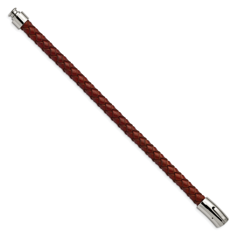 Stainless Steel Polished Brown Braided Leather 8.5 inch Bracelet