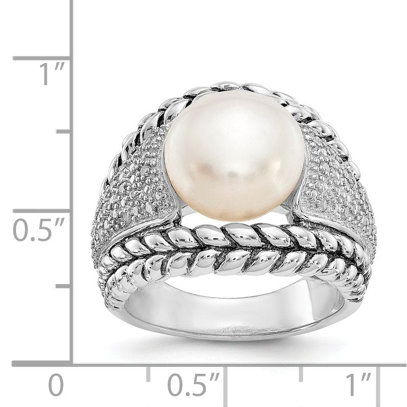 Sterling Silver Antiqued Freshwater Cultured Pearl and Diamond Ring