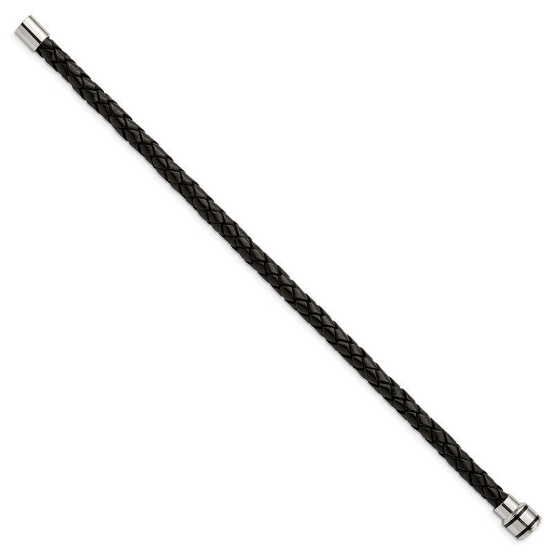Stainless Steel Polished Black IP-plated Black Braided Leather 9 inch Bracelet