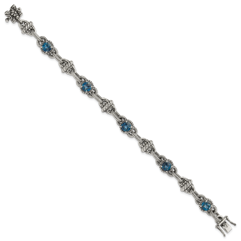Sterling Silver 7.75 inch Antiqued Round London Blue Topaz Bracelet
