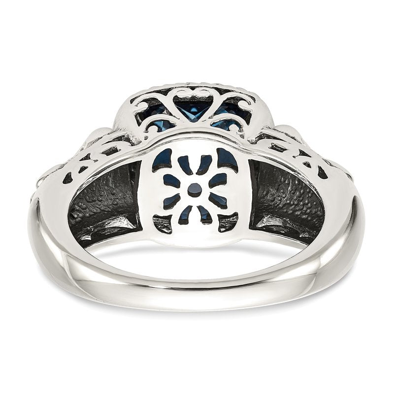 Sterling Silver with 14K Accent Antiqued Checkerboard Cushion London Blue Topaz Ring