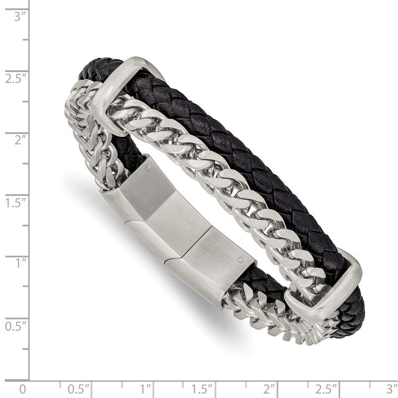 Stainless Steel Brushed Chian and Black Braided Leather 8 inch Bracelet with .5 inch Extension