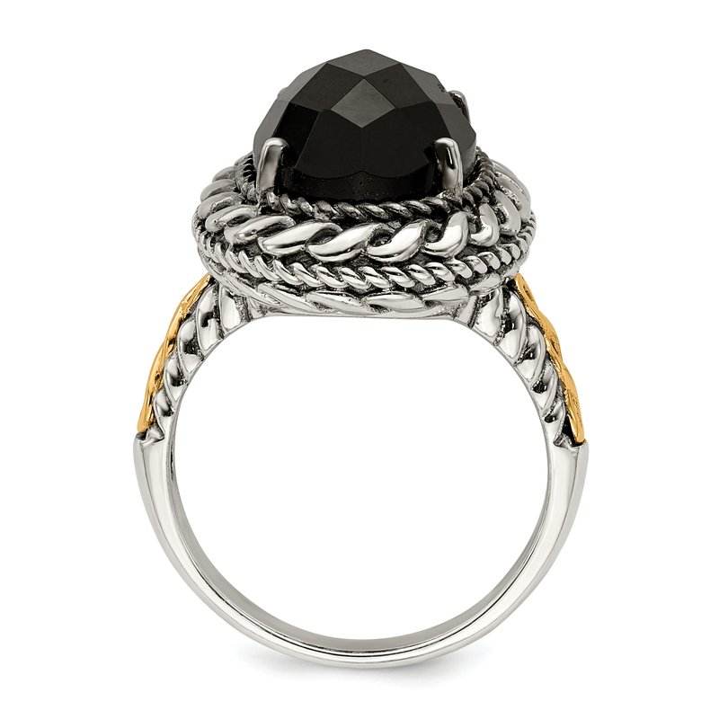 Sterling Silver with 14K Accent Antiqued Checkerboard-cut Black Onyx Ring