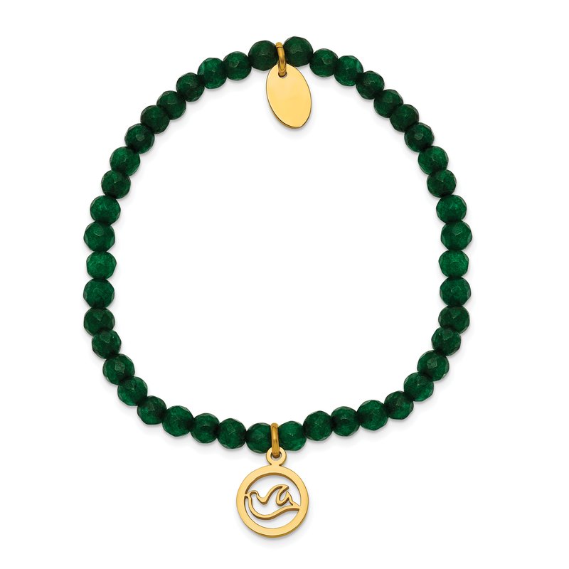 Stainless Steel Polished Yellow IP-plated Dove 4mm Green Jade Beaded Stretch Bracelet