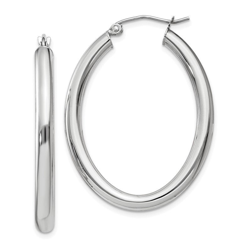 14k White Gold Polished 3.5mm Oval Tube Hoop Earrings