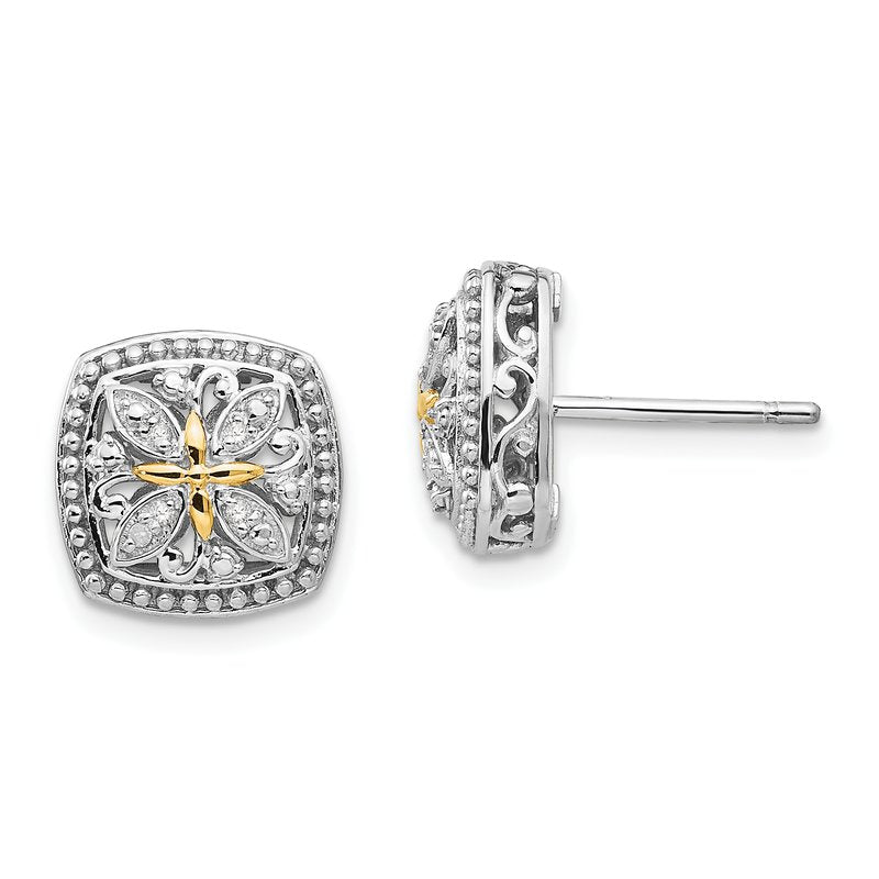 Sterling Silver Rhodium-plated with 14K Accent Diamond Vintage Post Earrings