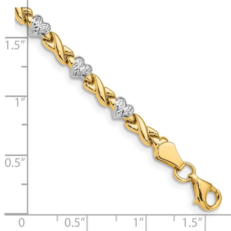 14k with White Rhodium Polished Diamond-cut X-and-Heart 7 inch Bracelet