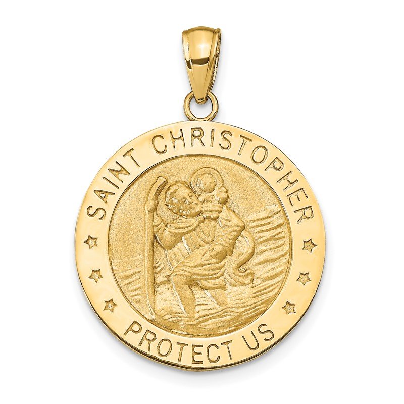 14k Polished and Satin Solid Saint Christopher Medal Round Pendant