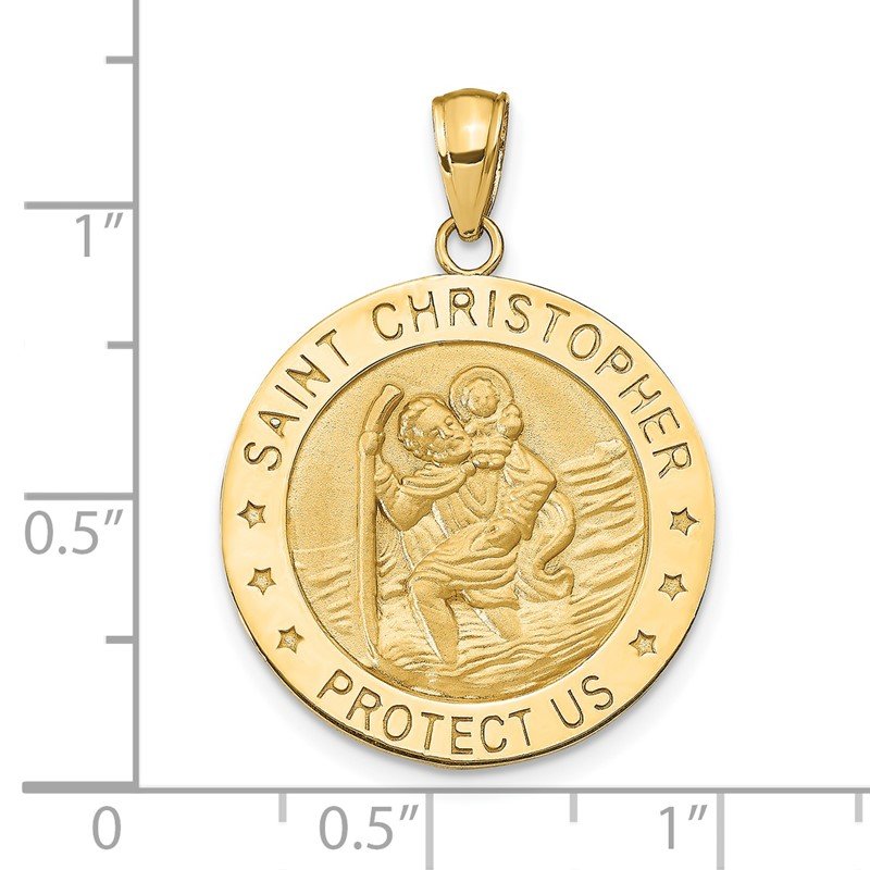 14k Polished and Satin Solid Saint Christopher Medal Round Pendant