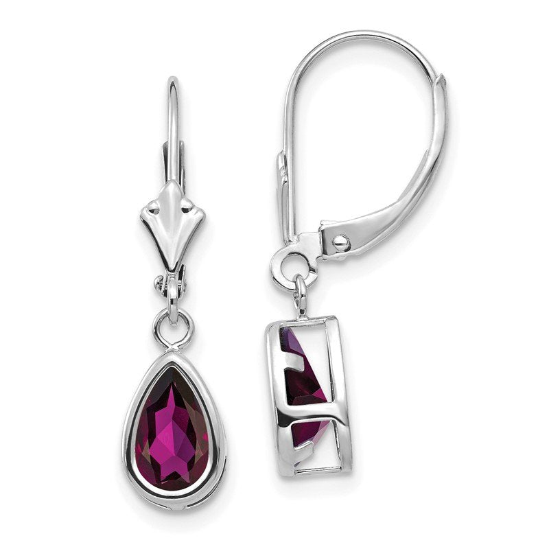 14k White Gold 8x5mm Pear Rhodolite Garnet Bezel Leverback Dangle Earrings