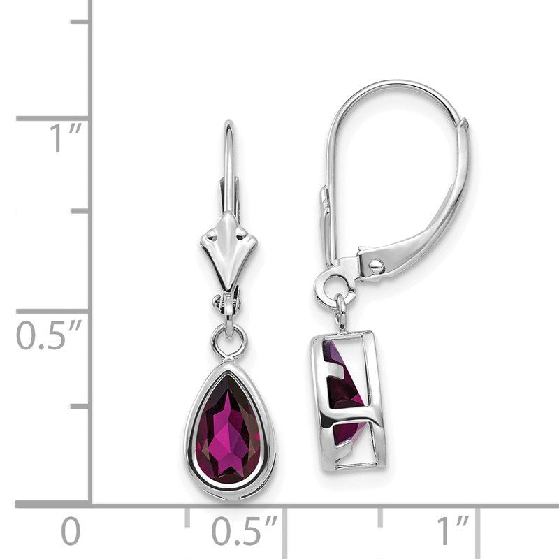 14k White Gold 8x5mm Pear Rhodolite Garnet Bezel Leverback Dangle Earrings