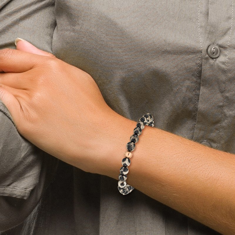 Stainless Steel Polished Rose IP-plated 6mm Black and White Agate Beaded Stretch Bracelet