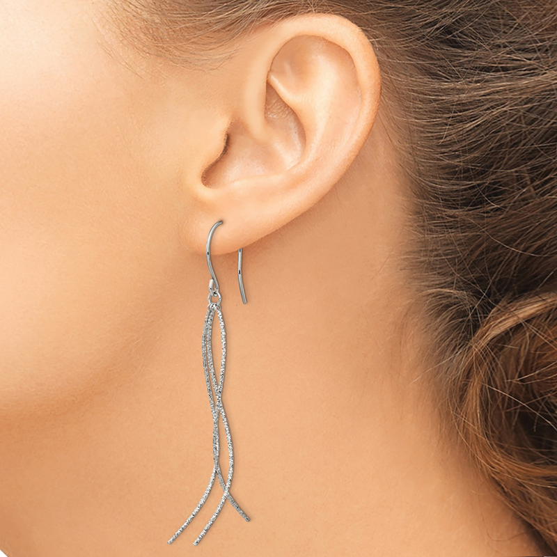Stainless Steel Polished and Textured Dangle Shepherd Hook Earrings