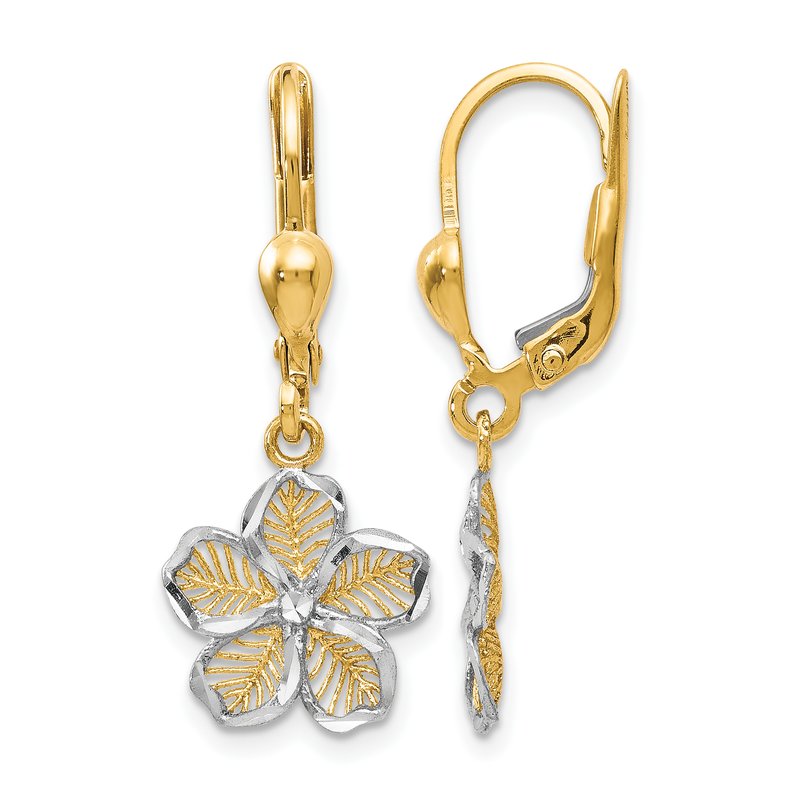 10K Rhod-plated Polished D/C Filigree Flower Leverback Earrings