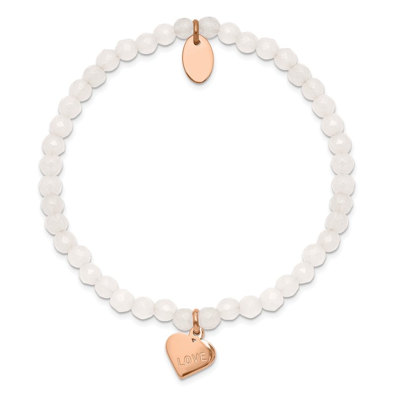 Stainless Steel Polished Rose IP-plated LOVE Heart 4mm Jade Beaded Stretch Bracelet