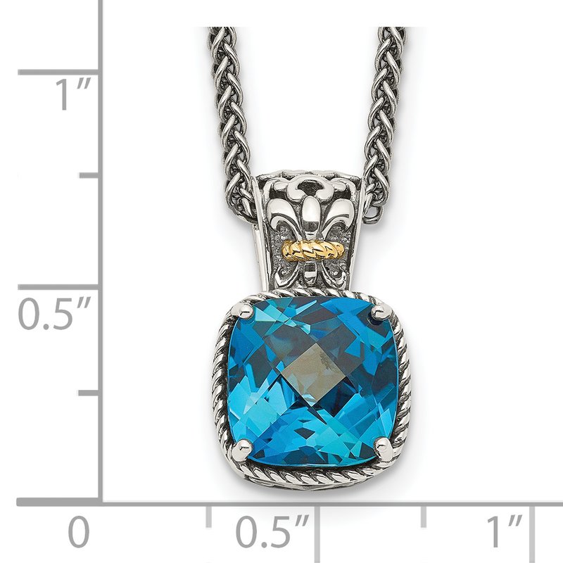 Sterling Silver with 14K Accent 18 Inch Antiqued Cushion London Blue Topaz Necklace