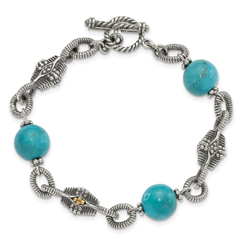 Sterling Silver with 14K Accent 7.25 Inch Antiqued Reconstructed Turquoise Bracelet