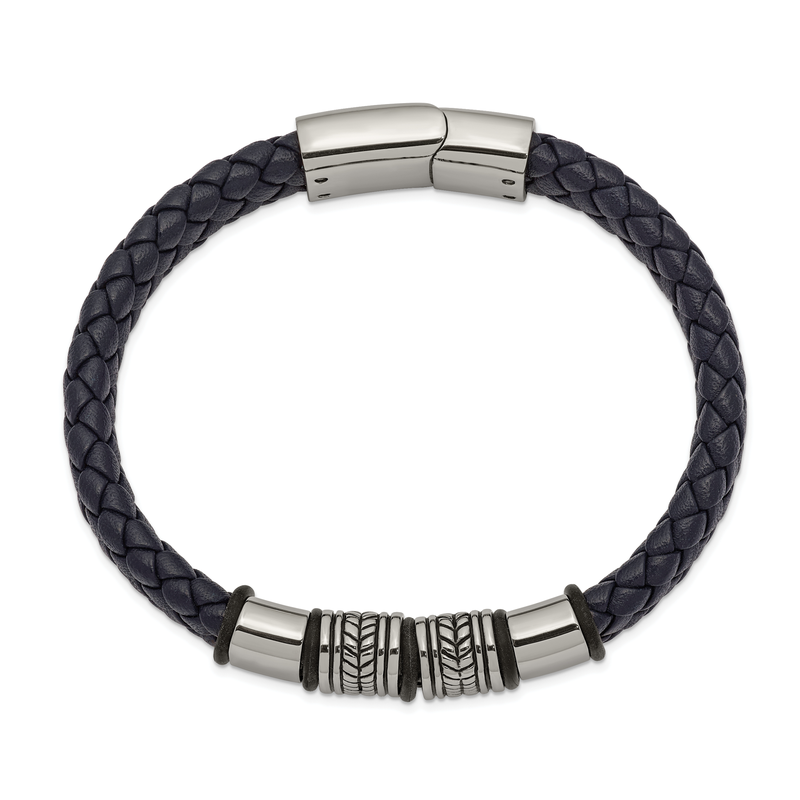 Stainless Steel Antiqued and Polished Braided Blue Leather with Black Silicone 8.25 inch Bracelet