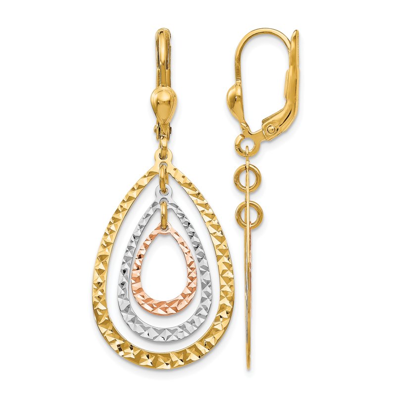 14K Tri-color Polished and D/C Leverback Earrings