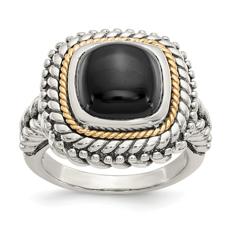 Sterling Silver with 14K Accent Antiqued Cabochon Black Onyx Ring