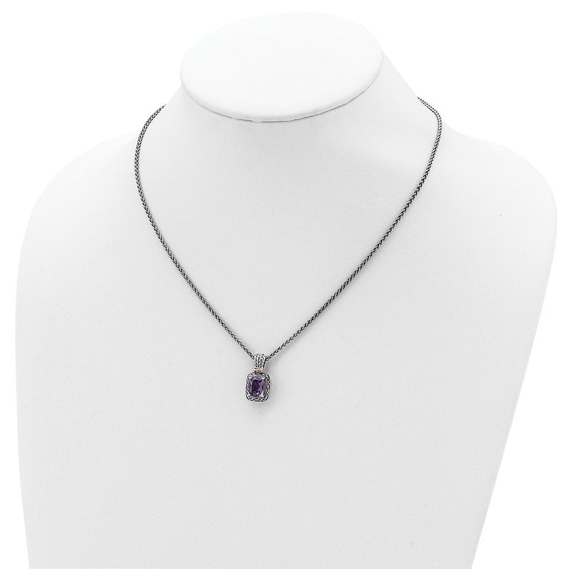 Sterling Silver with 14K Accent 18 inch Antiqued Cushion Amethyst Necklace