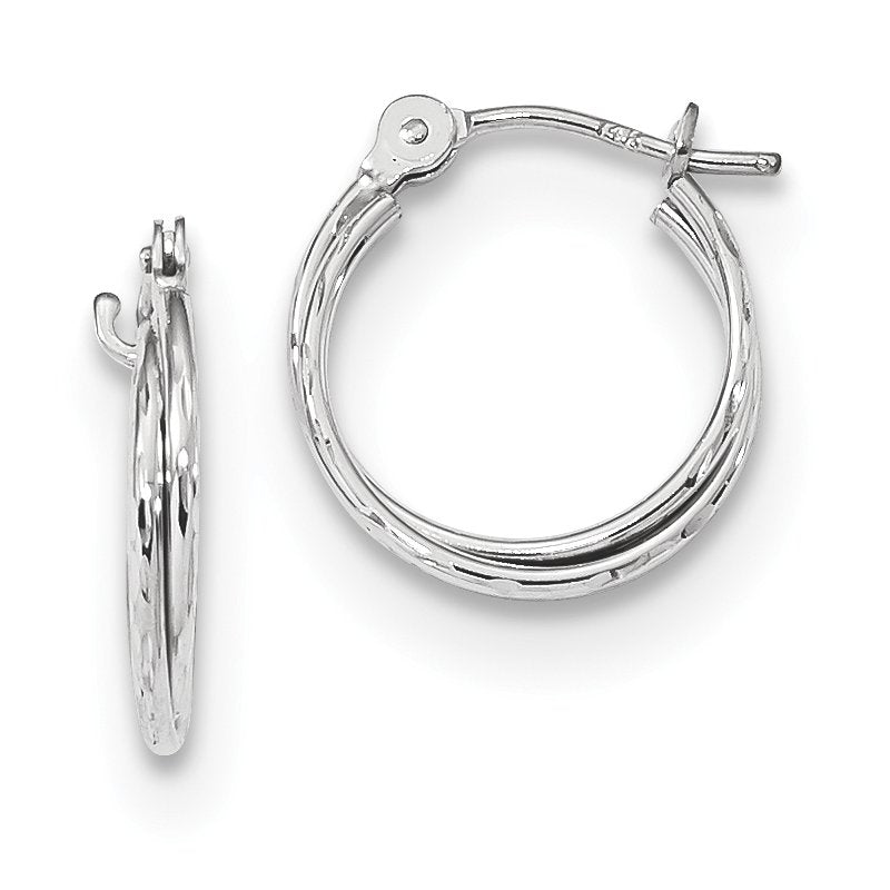 14k White Gold Polished Diamond Cut Double Hoops