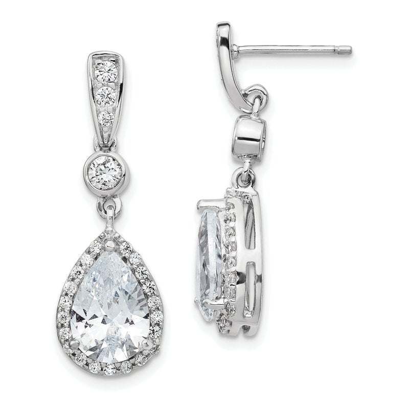 Sterling Silver Rhodium-plated Brilliant-cut CZ Teardrop and Bezel Halo Post Dangle Earrings