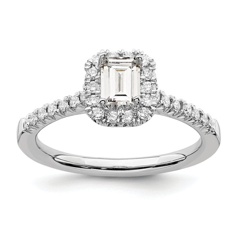14K White Gold 1/4 carat Lab Grown Diamond VS+ F+ Semi-Mount Emerald Halo Engagement Ring