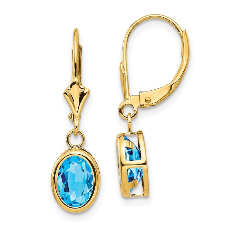 14k 8x6mm Oval Blue Topaz Bezel Leverback Dangle Earrings