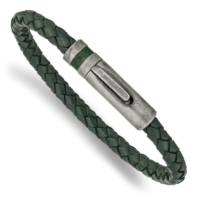 Stainless Steel Antiqued Green Braided Leather 8.25 inch Bracelet