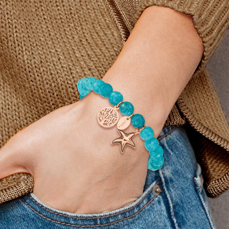 Stainless Steel Antiqued and Polished Rose IP-plated Starfish and Tree of Life 8mm Aqua Dyed Jade Beaded Stretch Bracelet