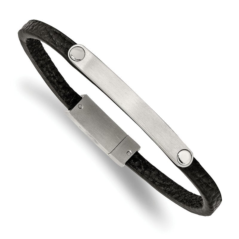 Stainless Steel Brushed Black Leather 8.25 inch ID Bracelet