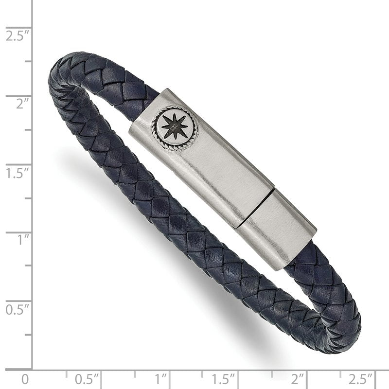 Stainless Steel Antiqued and Brushed Compass Navy Blue Braided Leather 8 inch Bracelet