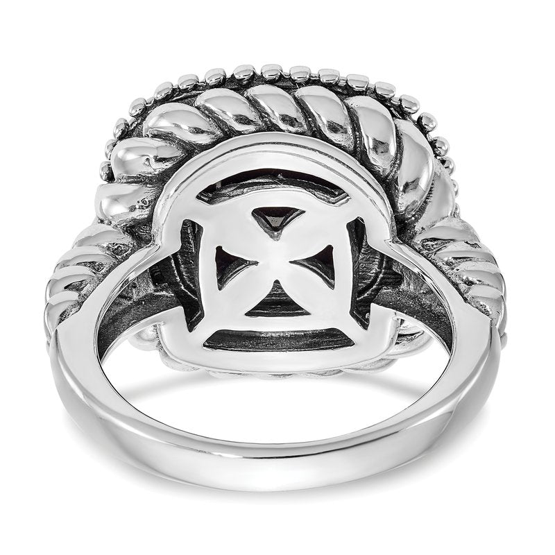 Sterling Silver with 14K Accent Antiqued Cabochon Black Onyx Ring
