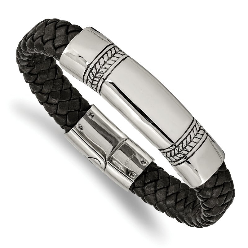 Stainless Steel Antiqued and Polished Braided Black Leather 8.25 inch ID Bracelet