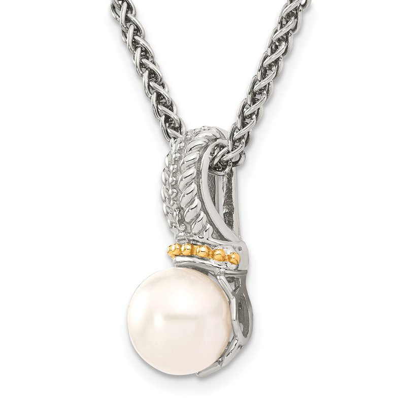 Sterling Silver Rhodium-plated with 14K Accent 18 Inch 8-9mm Freshwater Cultured Pearl Necklace