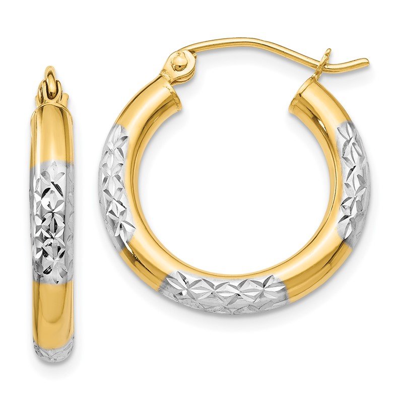 14K &amp; Rhodium Diamond-cut 3x20mm Hoop Earrings