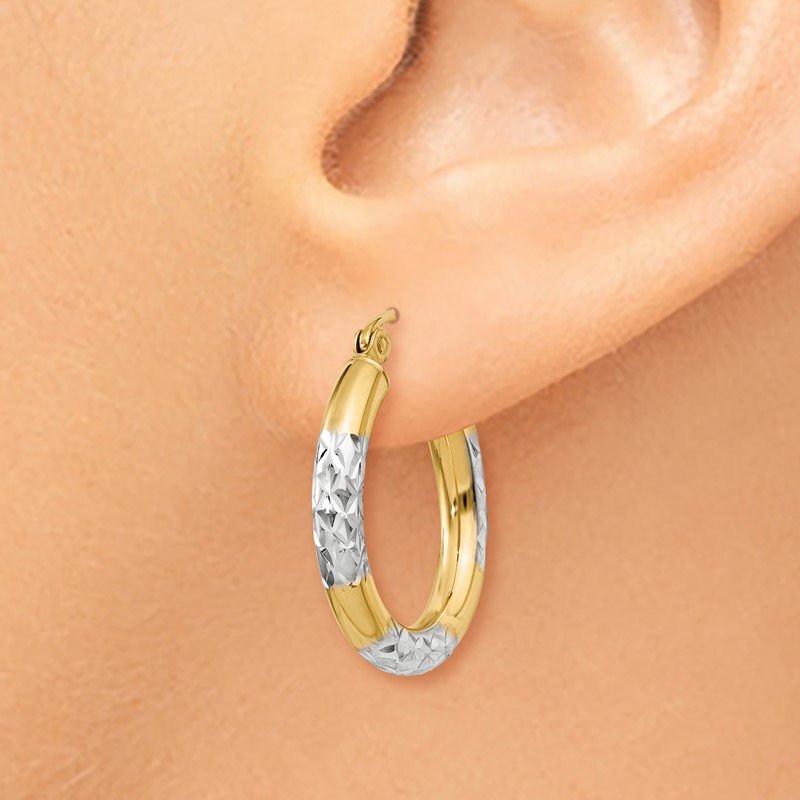 14K & Rhodium Diamond-cut 3x20mm Hoop Earrings