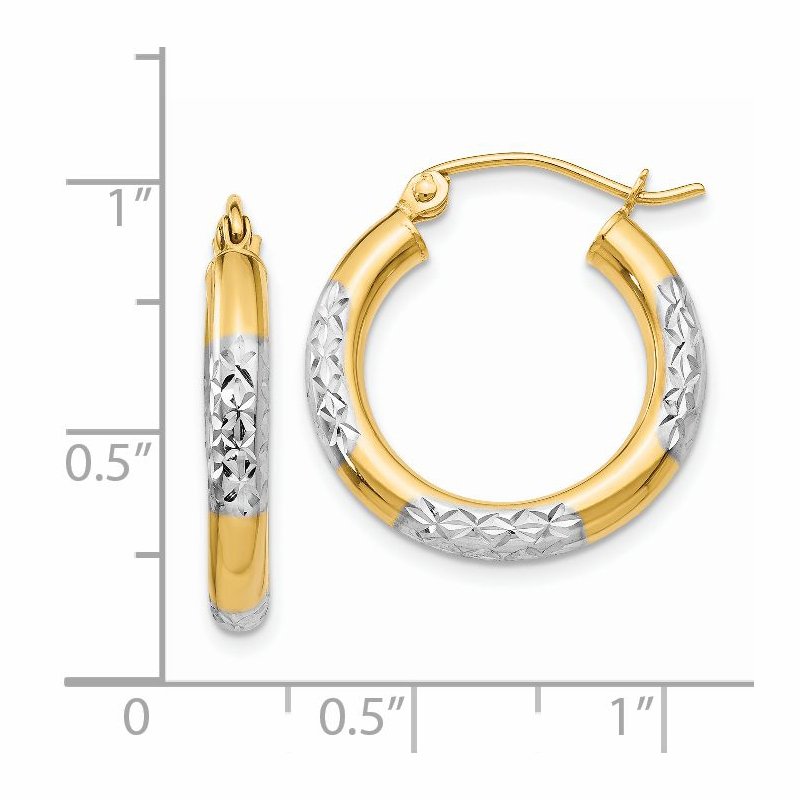 14K &amp; Rhodium Diamond-cut 3x20mm Hoop Earrings