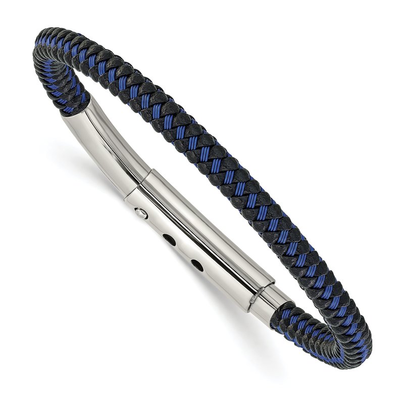 Stainless Steel Polished Blue Wire and Black Polyurethane Adjustable 7.75 to 8.25 inch Bracelet