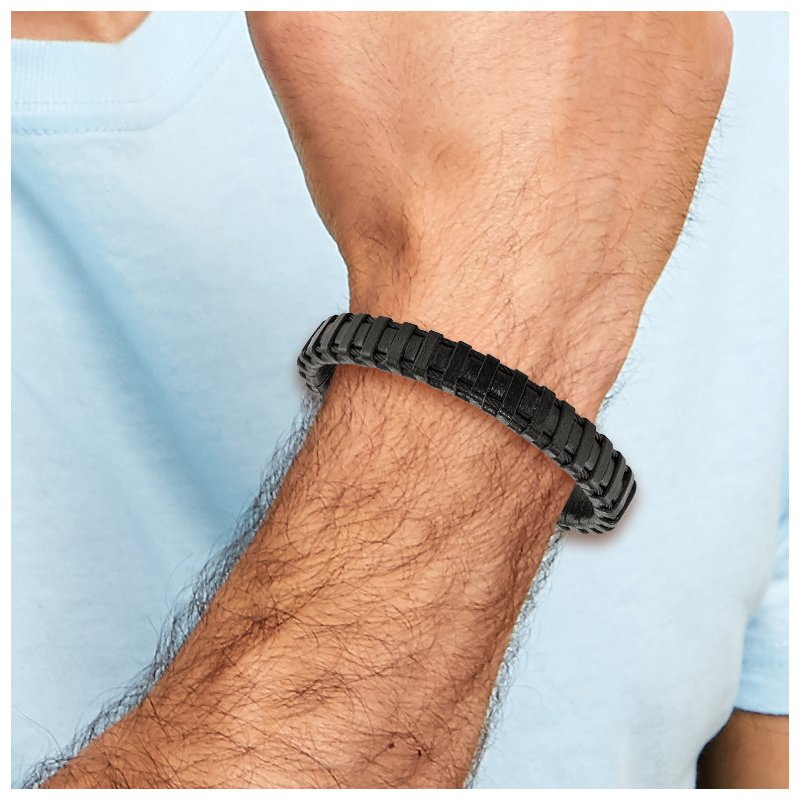 Stainless Steel Polished Black IP-plated Cable and Black Leather 8.5 inch Bracelet